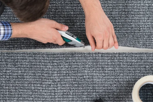 Person schneidet Teppich mit Teppichmesser